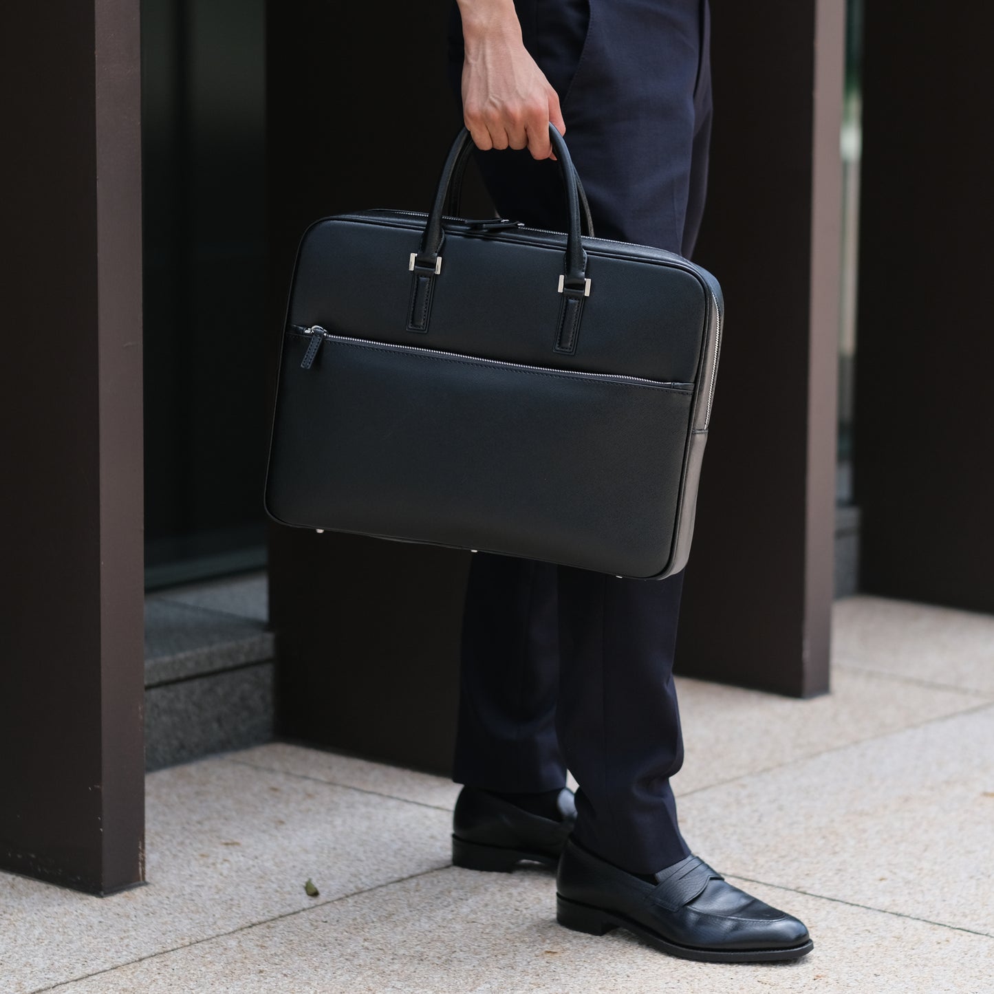 Italian Saffiano Leather Briefcase (with Front Zipper)