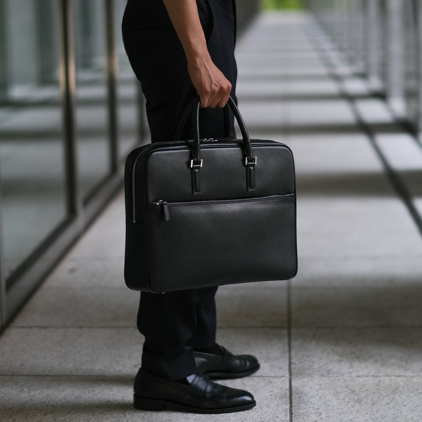 Italian Saffiano Leather Briefcase (with Front Zipper)